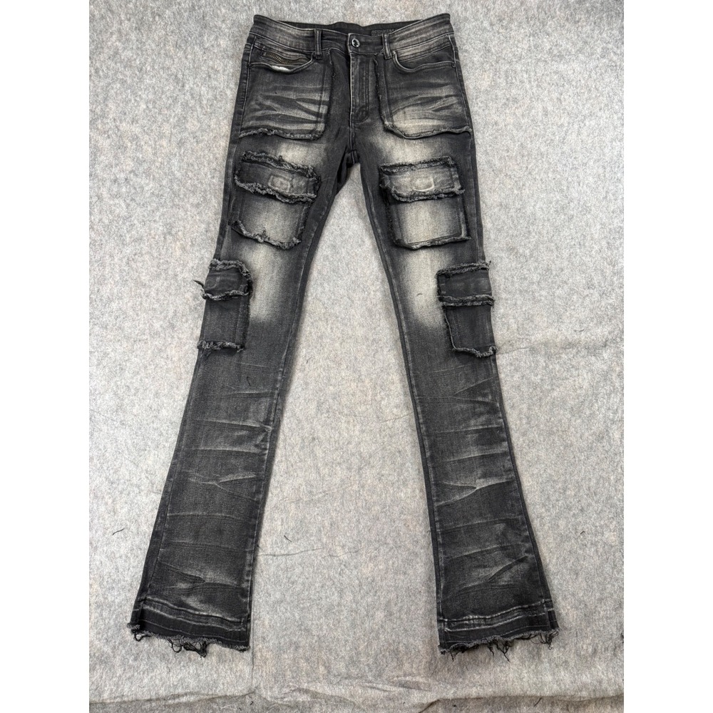 Rockstar Original Cargo Jeans Men 30 Black Denim Flare Stacked Frayed Streetwear